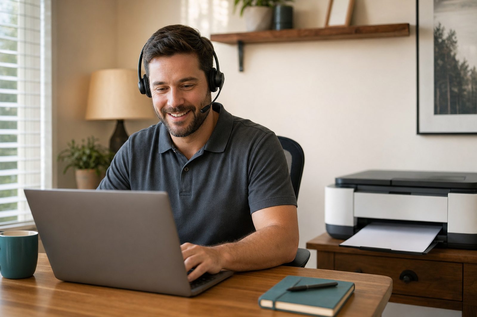 A FixPrinter technician wearing a headset talks a customer through a printer fix from a home office desk.