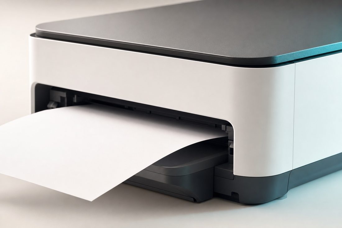 Close-up of a modern home printer with a sheet of paper feeding out of the tray.